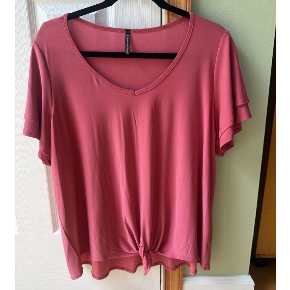 Bleecker & McDougal Womens 1X Rose Pink Front Tie Hem V-Neck Flutter Sleeve Top